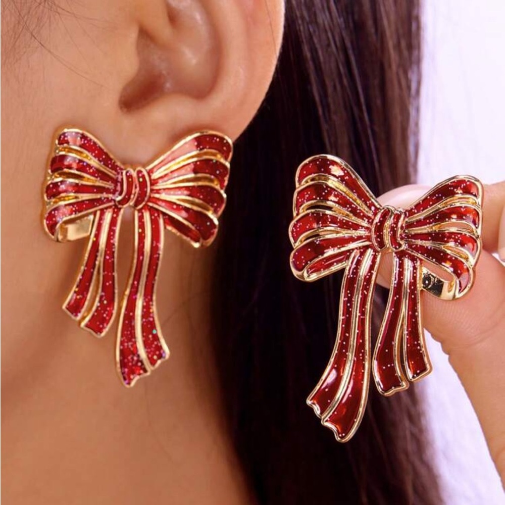 Red and Gold Bow Earrings